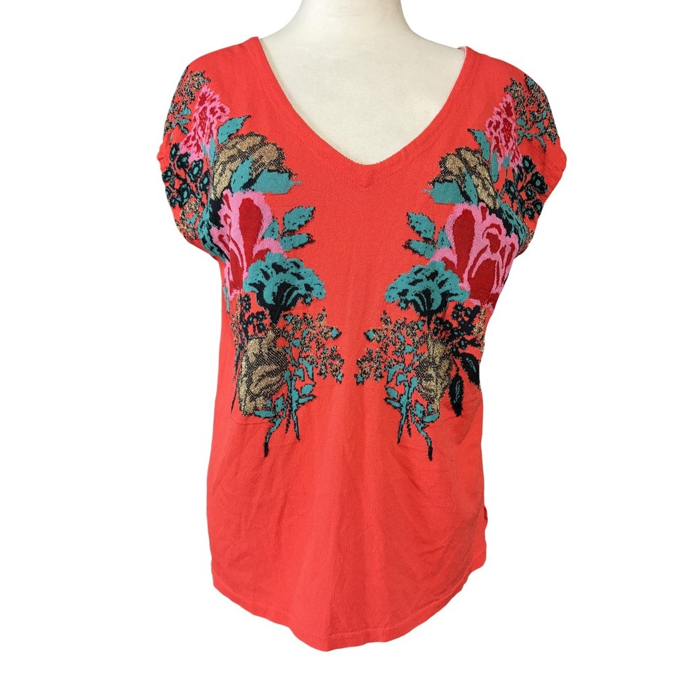 Aldomartins Womens XS Red Floral V-Neck Cap Sleeve‎ Lightweight Knit Top